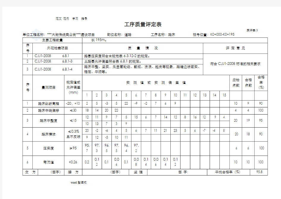 道路工程工序质量评定表