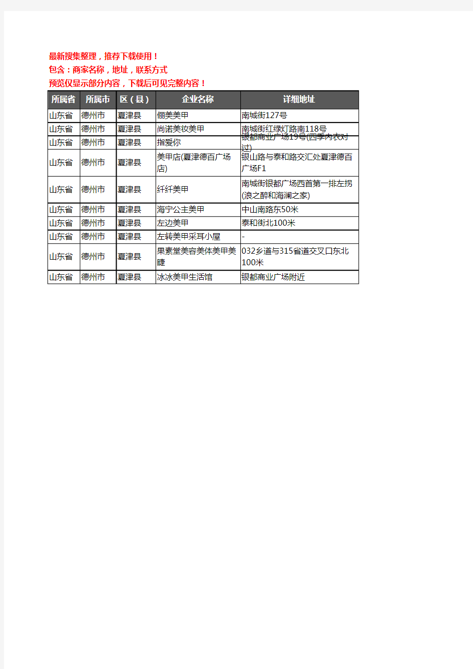 新版山东省德州市夏津县美甲企业公司商家户名录单联系方式地址大全10家