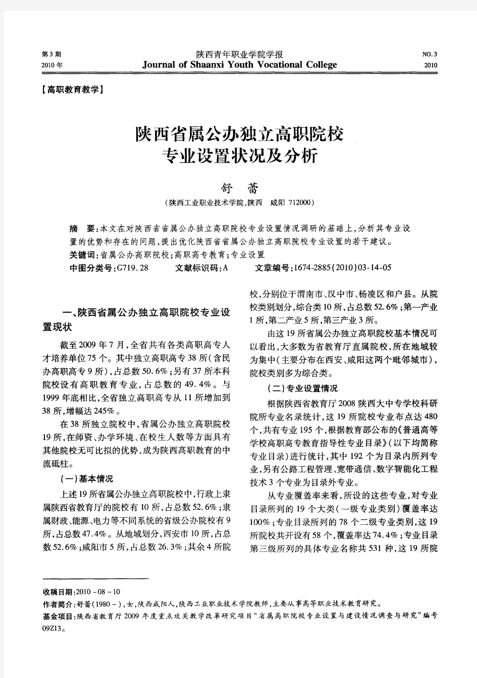 陕西省属公办独立高职院校专业设置状况及分析