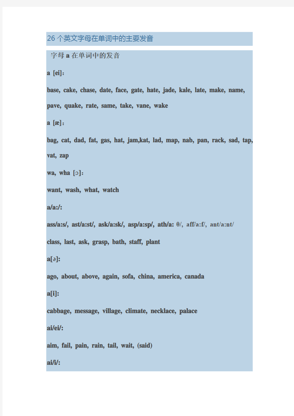 26个英文字母在单词中的主要发音