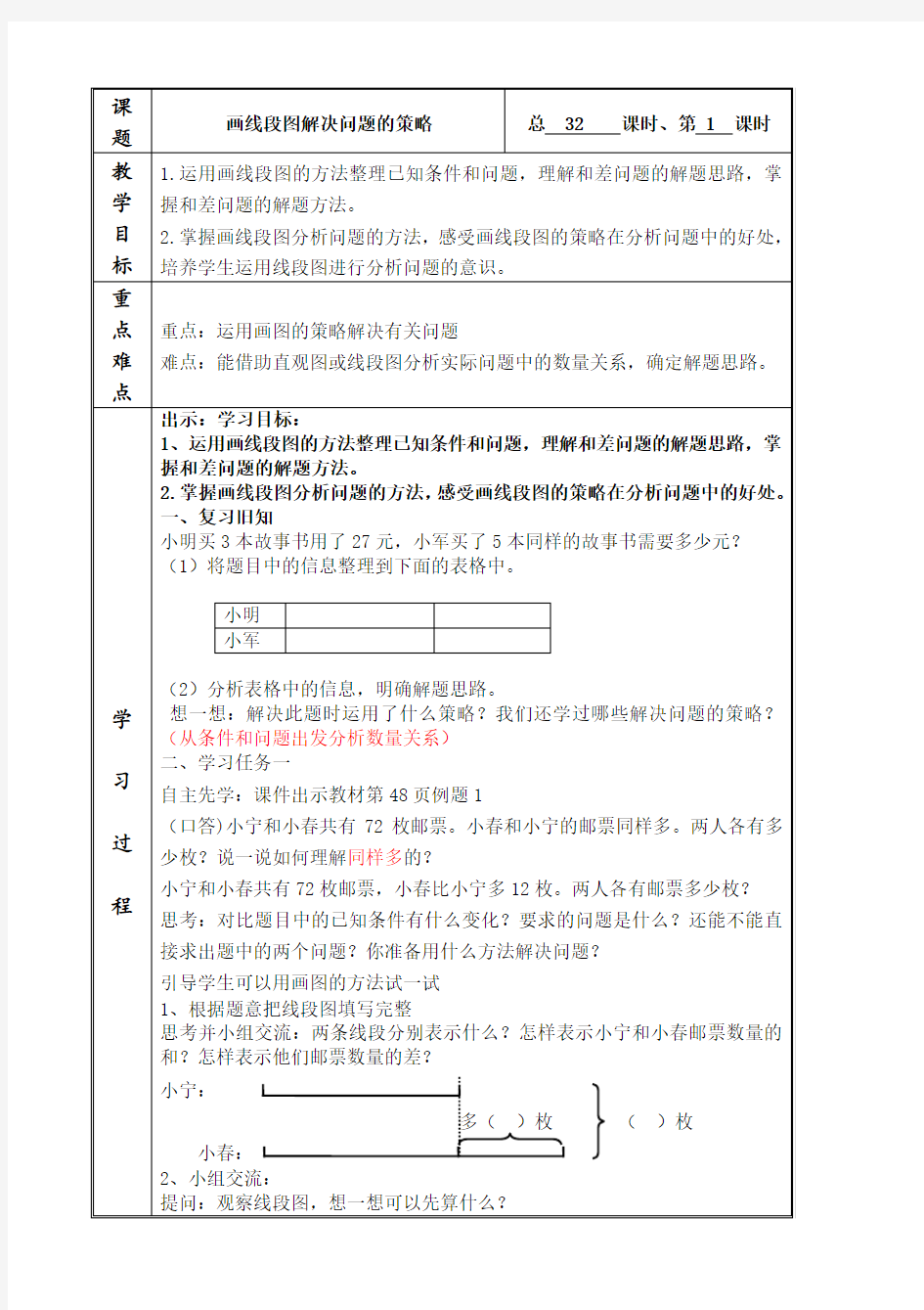 苏教版四年级下册画线段图解决问题的策略教学设计