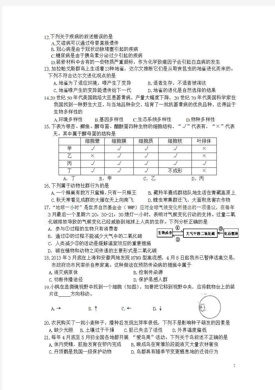 生物中考客观题的易错题