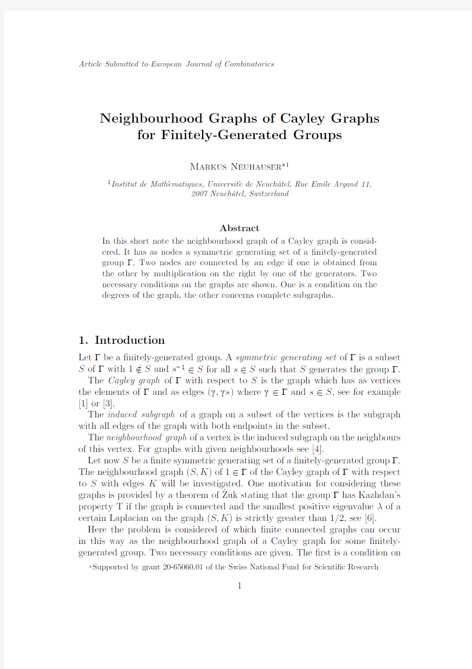 Article Submitted to European Journal of Combinatorics Neighbourhood Graphs of Cayley Graph