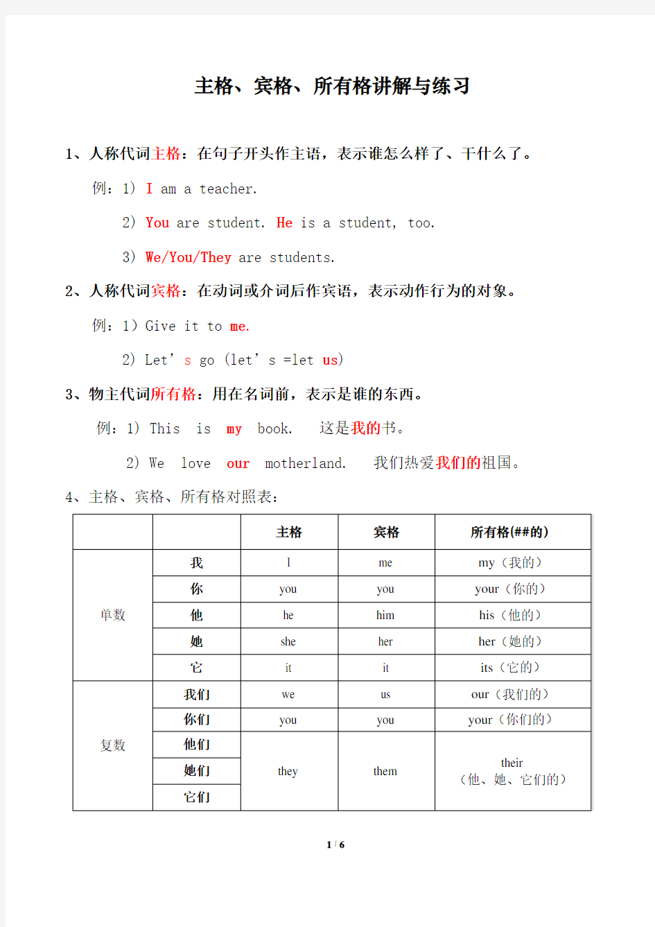 小学英语学习中主格、宾格、所有格的讲解与练习