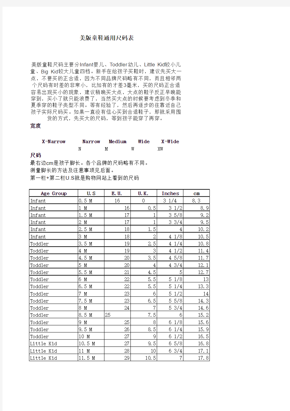 美版童鞋通用尺码表