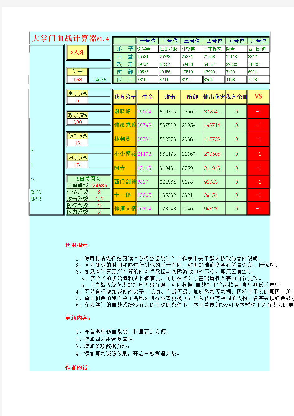 血战计算器添加四大、阿九8人更新到190