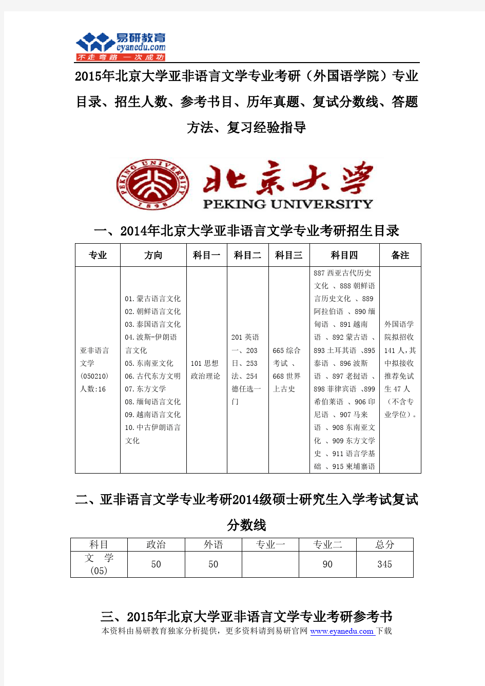 2015北京大学亚非语言文学专业考研(外国语学院)专业目录招生人数参考书目历年真题复试分数线答题方法