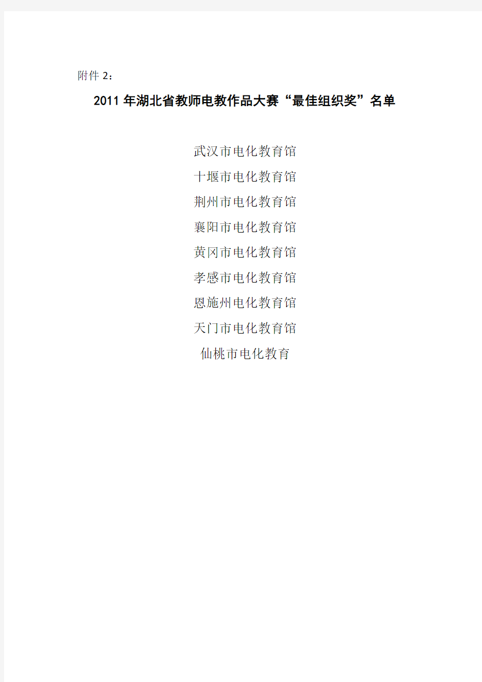 2011年湖北省教师电教作品大赛“最佳组织奖”名单