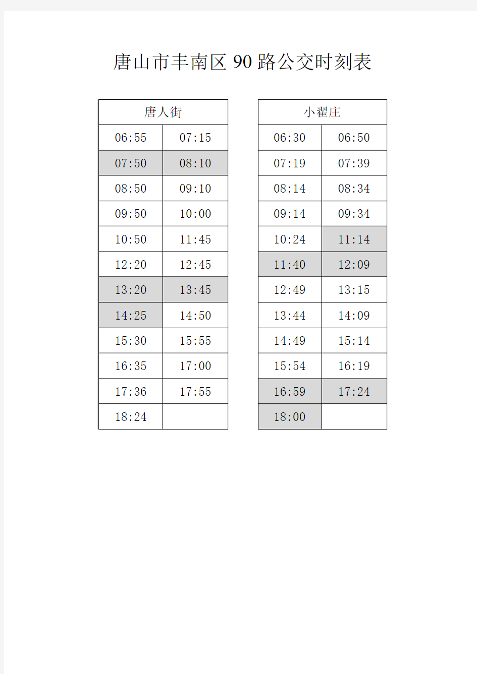 唐山市丰南区90路公交时刻表