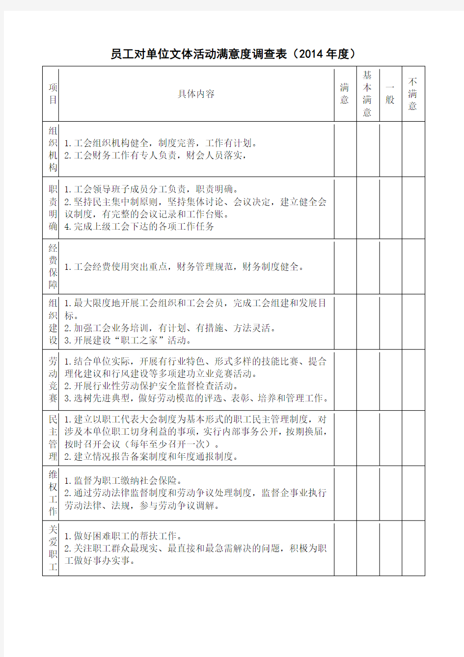 员工对单位文体活动满意度调查表