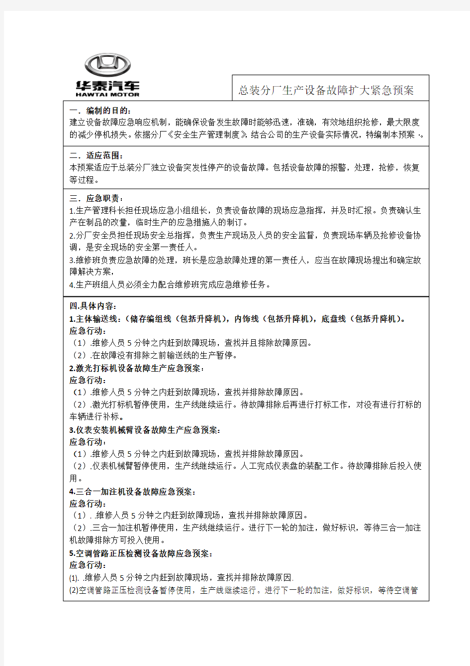 生产设备故障应急预案