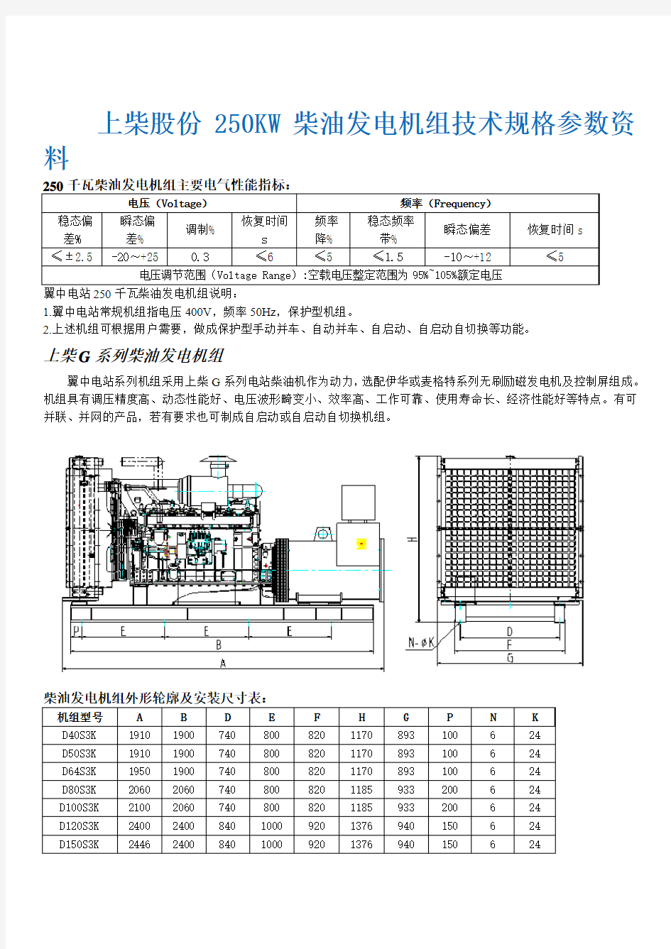 上柴股份250KW柴油发电机组SC13G420D2技术规格参数资料 - 副本