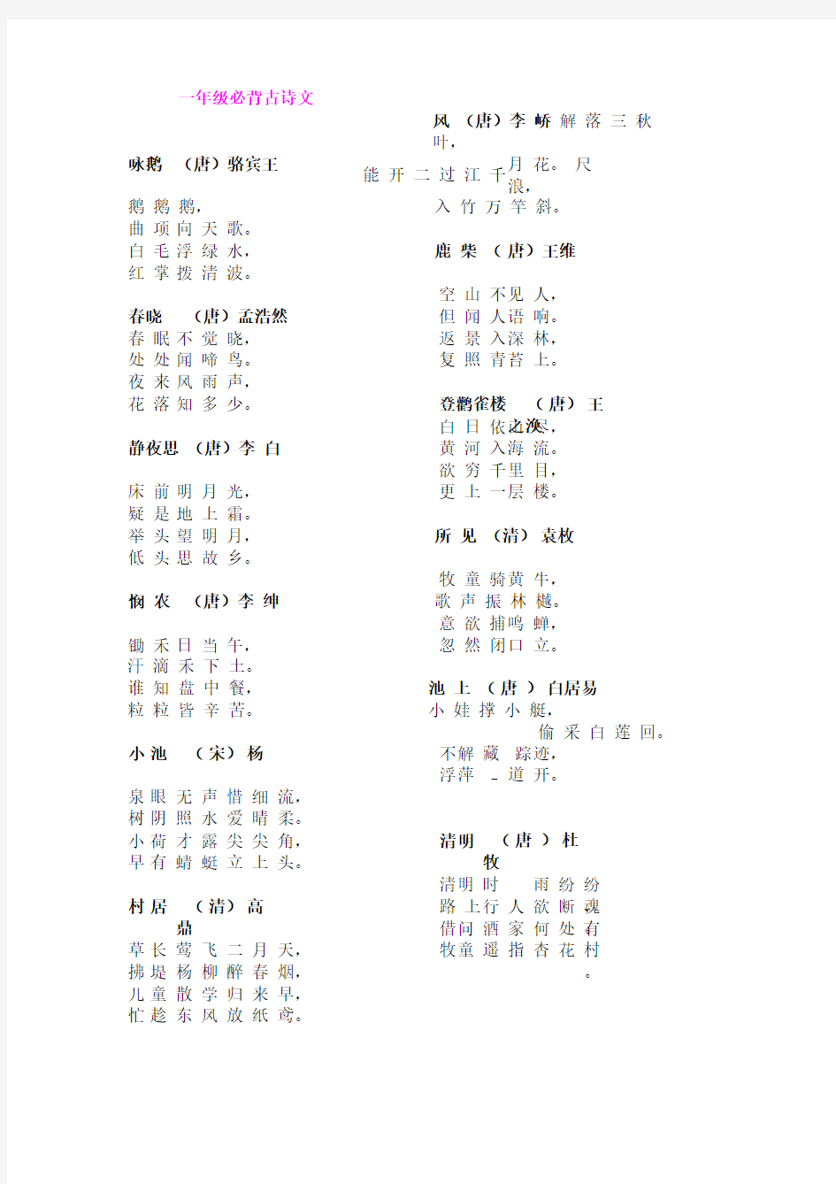 一至六年级分年级小学生必背古诗75首(新课标)