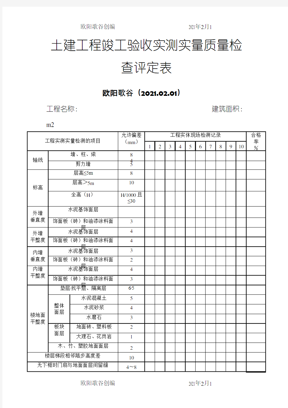 竣工验收实测实量质量检查评定表之欧阳歌谷创作