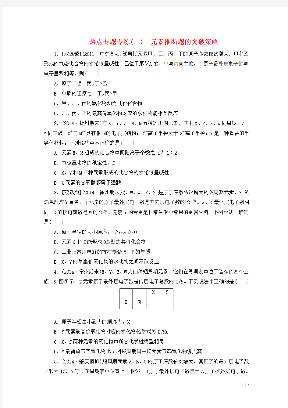 高考化学 拉分题专项训练 专题5 元素推断题的突破策略