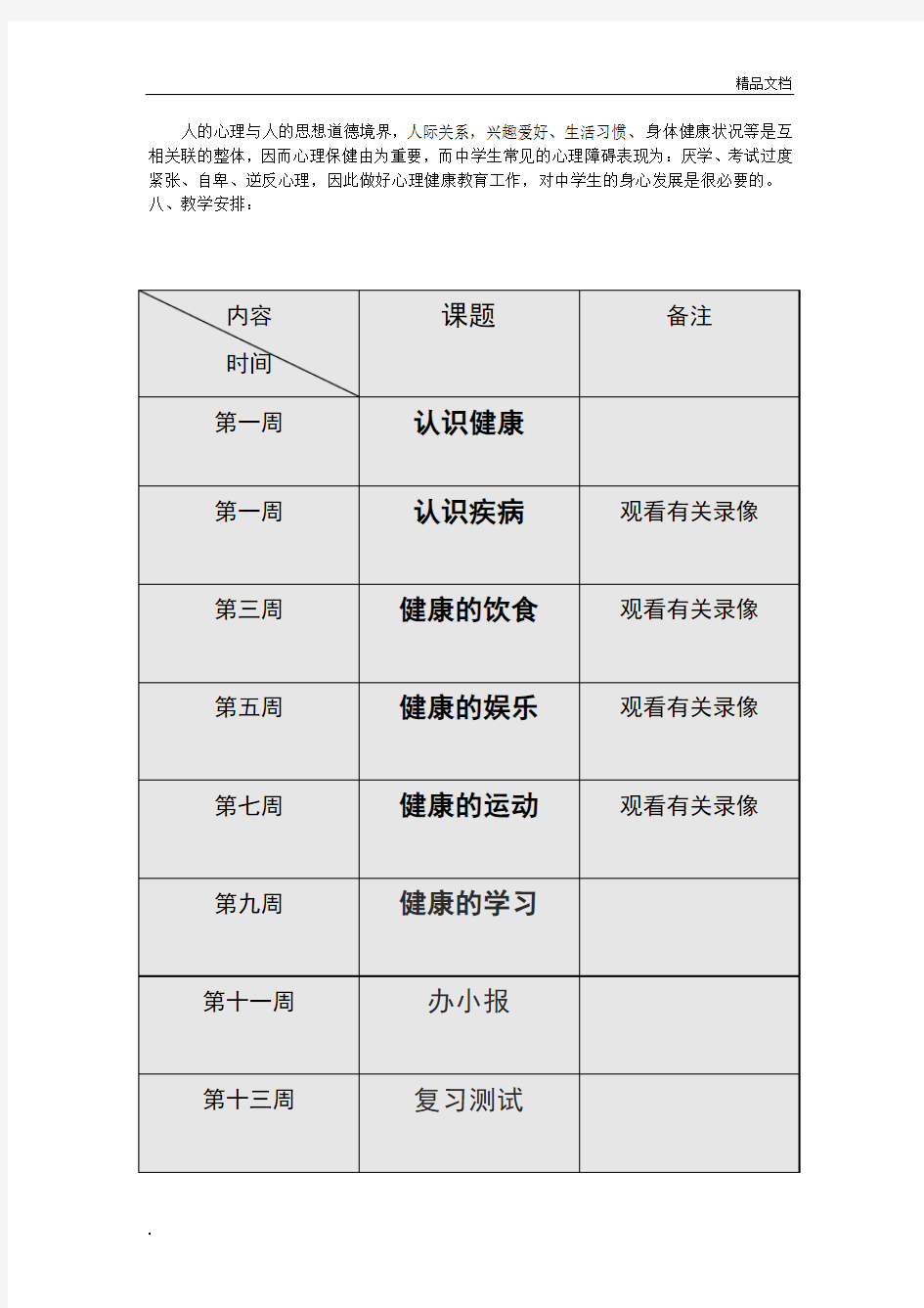 健康教育教学计划