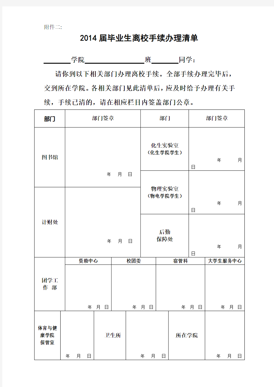 毕业生离校手续办理清单