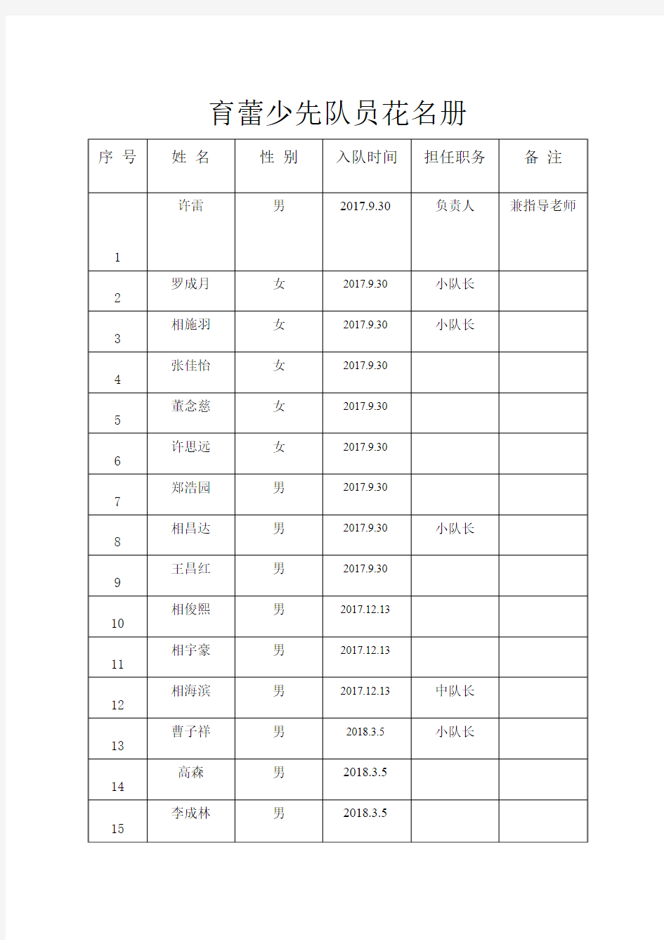 少先队员花名册