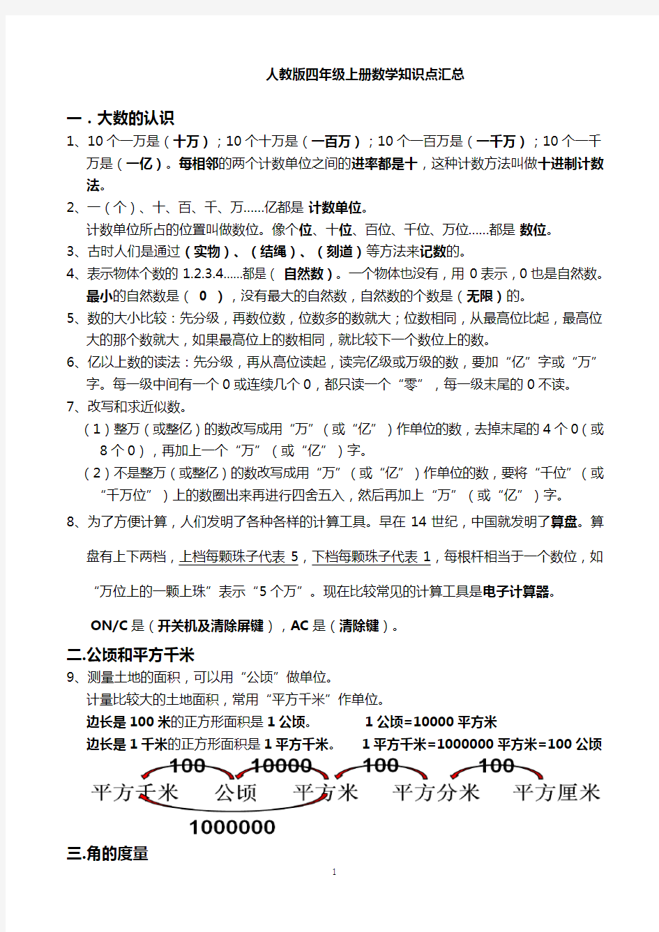 人教版四年级上册数学知识点汇总