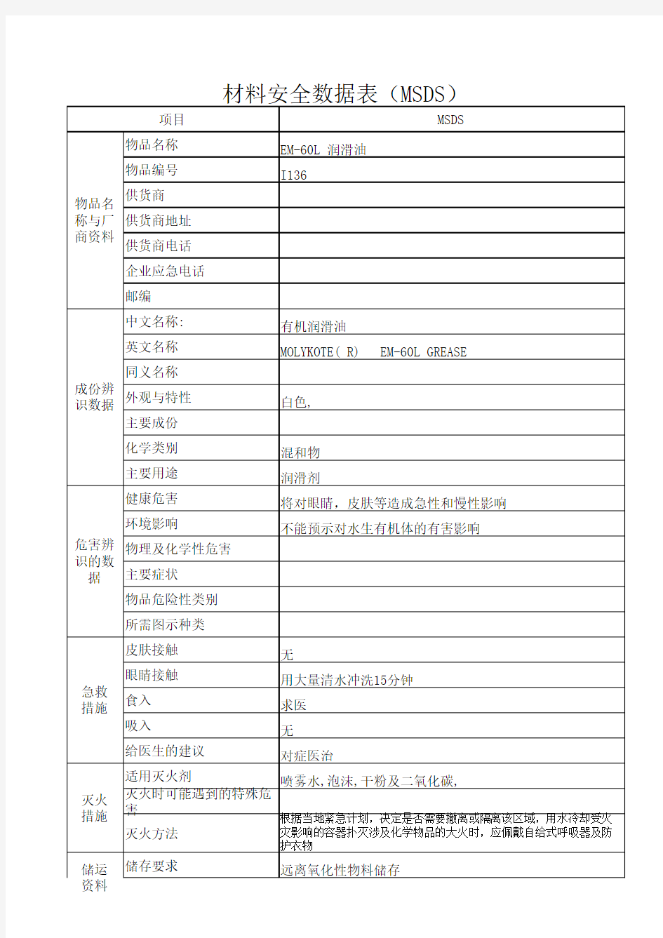 EM-60L 润滑油物料安全数据表(MSDS)