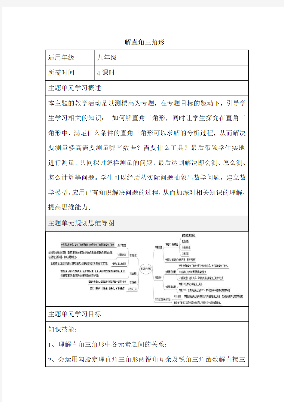 初中数学《解直角三角形》单元教学设计以及思维导图