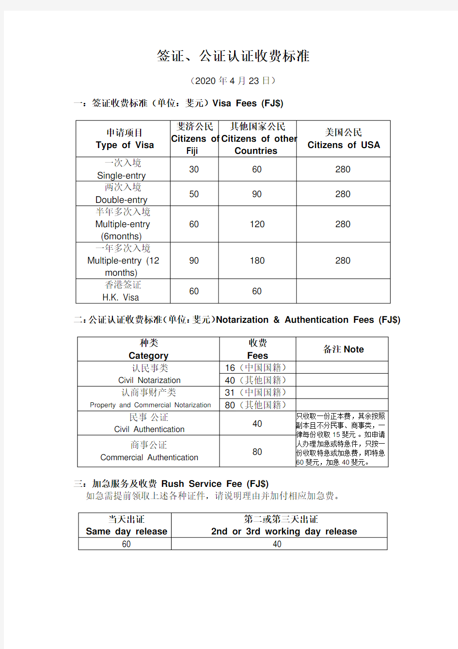 签证、公证认证收费标准