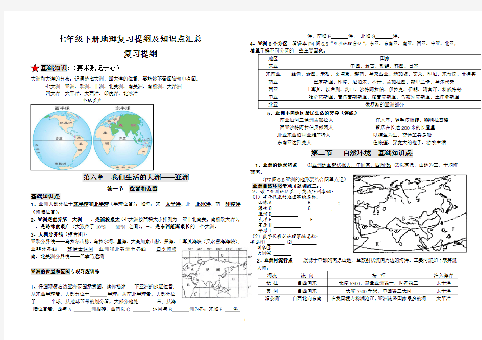 七年级下册地理复习提纲及知识点汇总