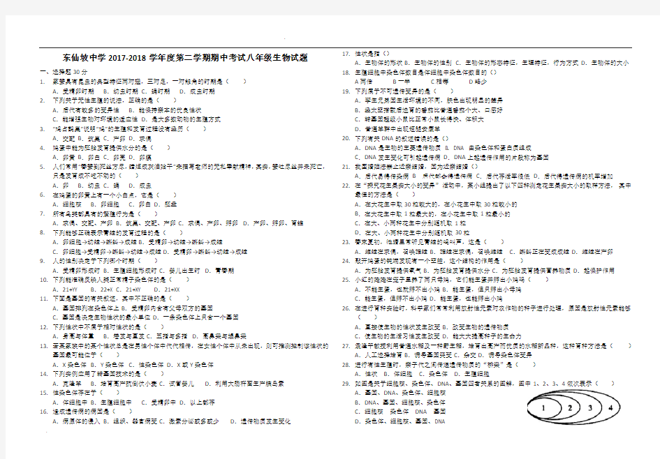 2018年八年级生物下册期中考试