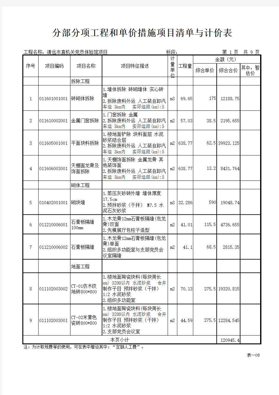 装修-工程和单价措施项目清单与计价表