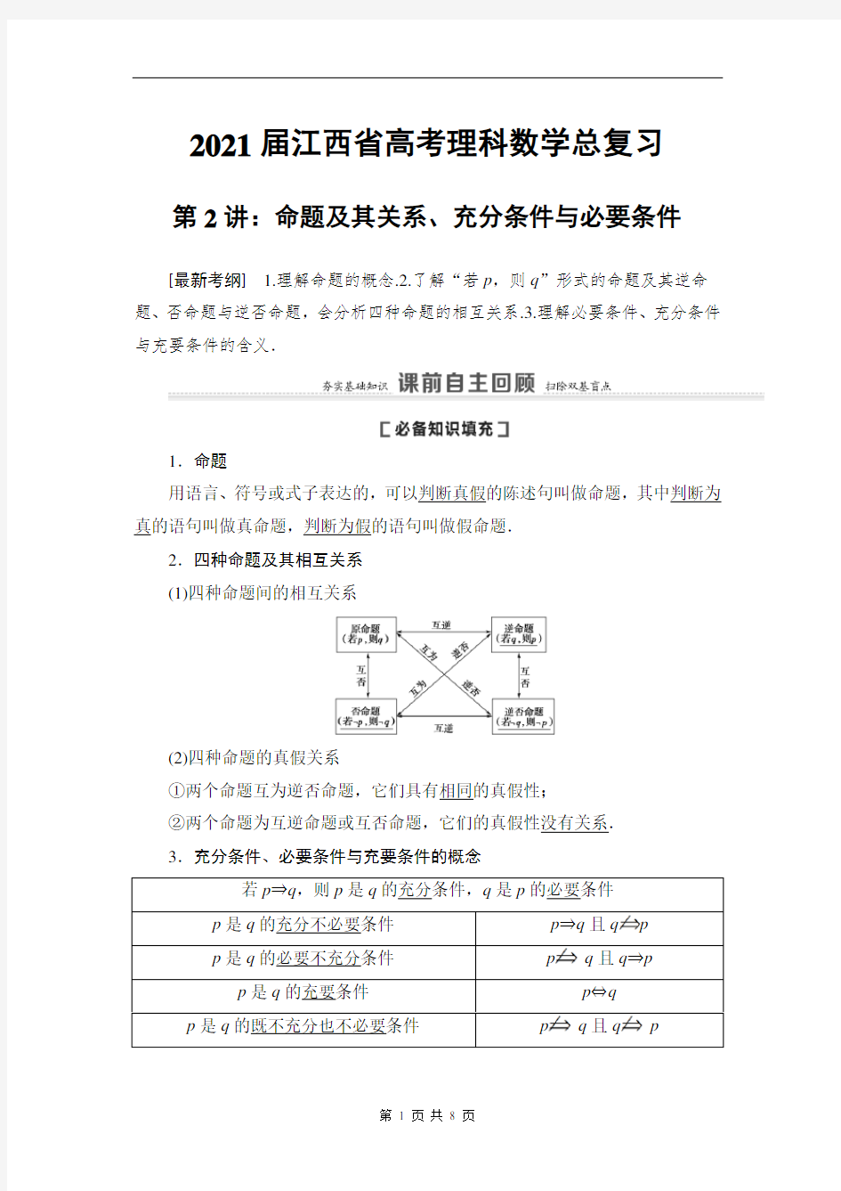 2021届江西省高考理科数学总复习第2讲：命题及其关系、充分条件与必要条件