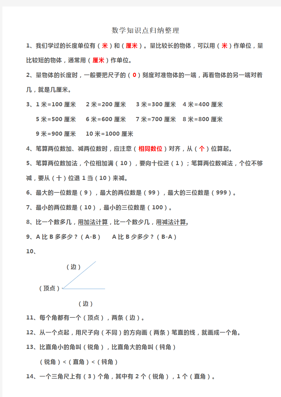 二年级上册数学知识点归纳整理