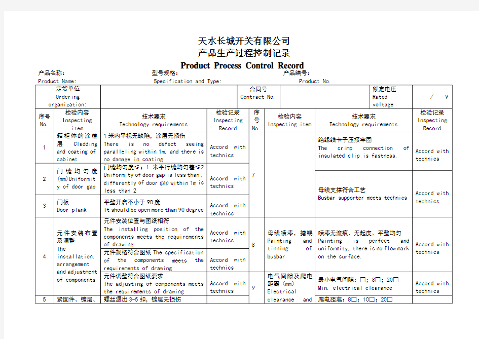 产品生产过程控制记录