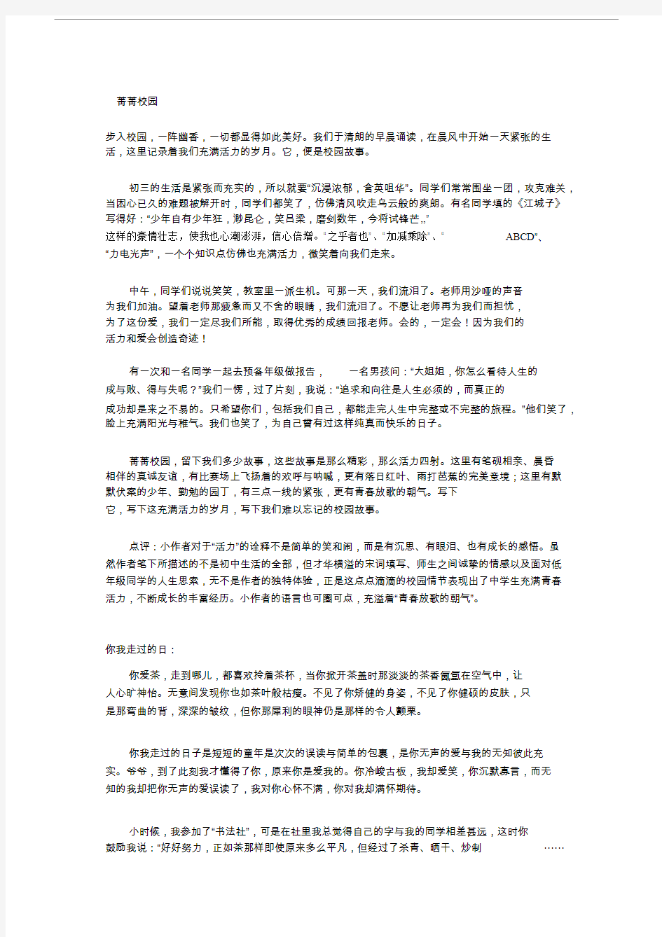 近五年中考满分作文与 点评