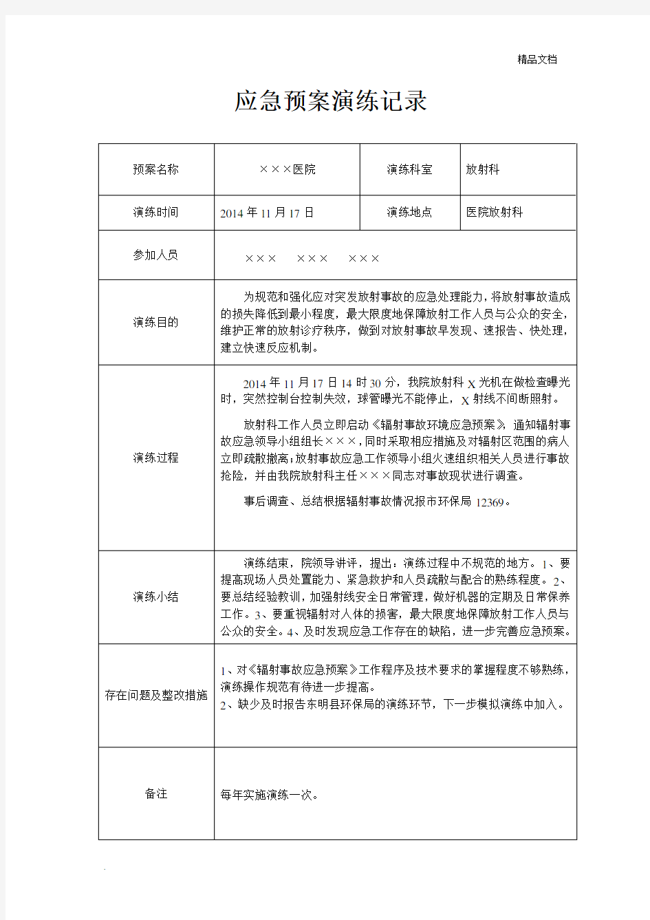 辐射事故应急预案演练记录