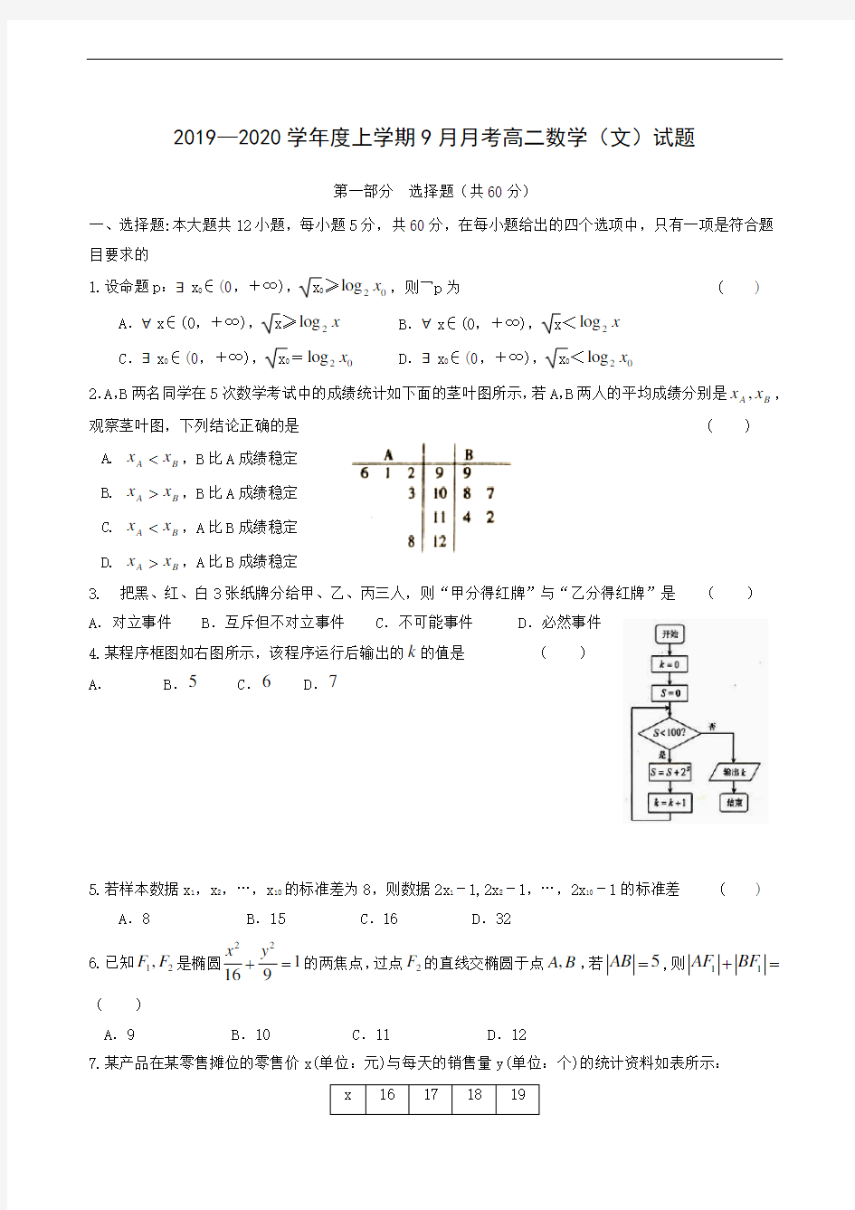 黑龙江省齐齐哈尔市第八中学2019-2020学年高二9月月考数学(文)试题