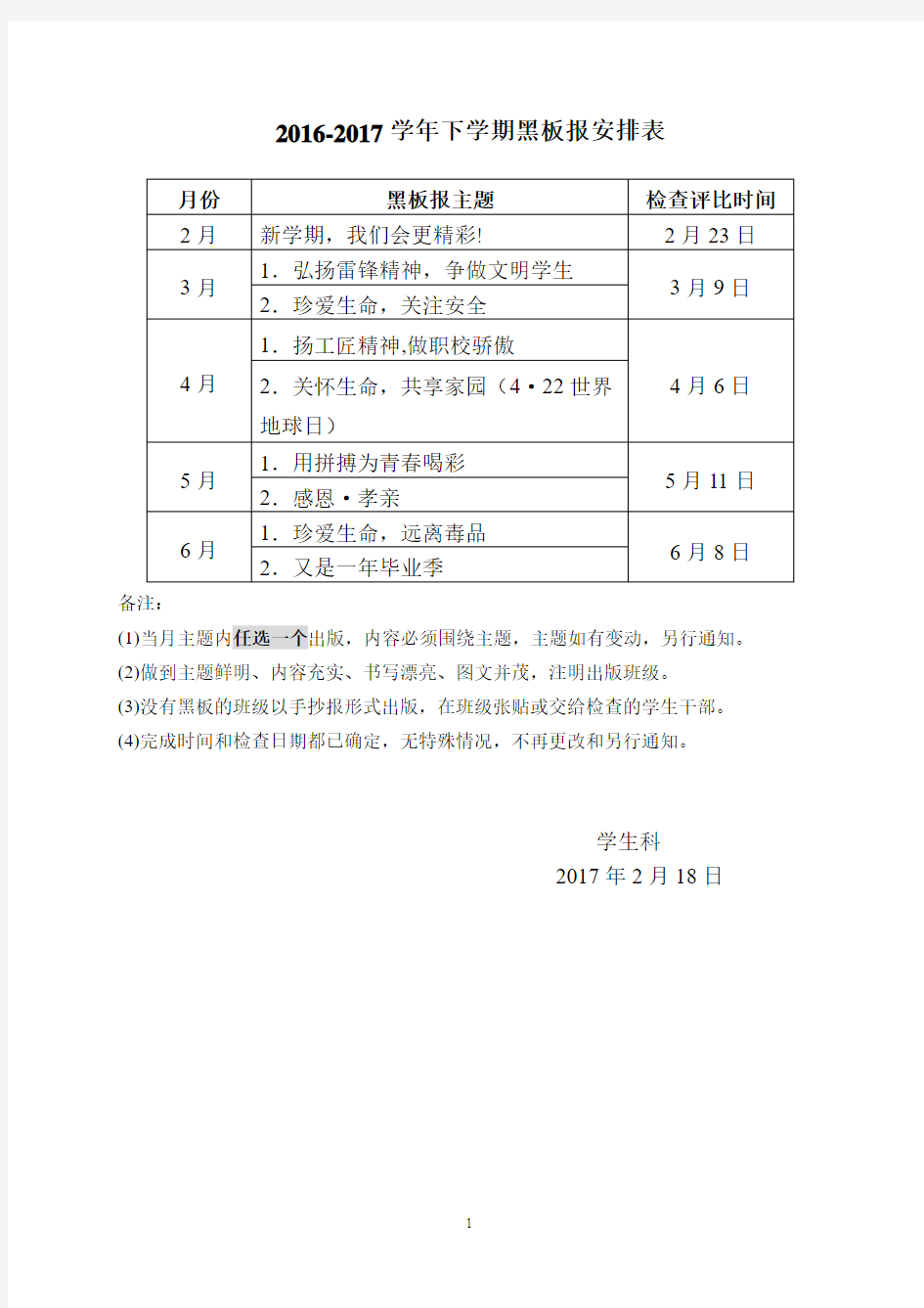 2016-2017学年下学期黑板报主题