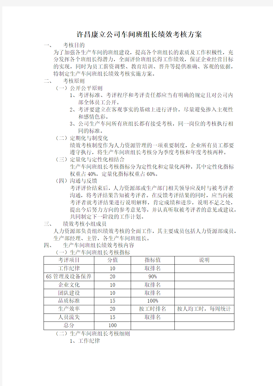 车间班组长绩效考核方案