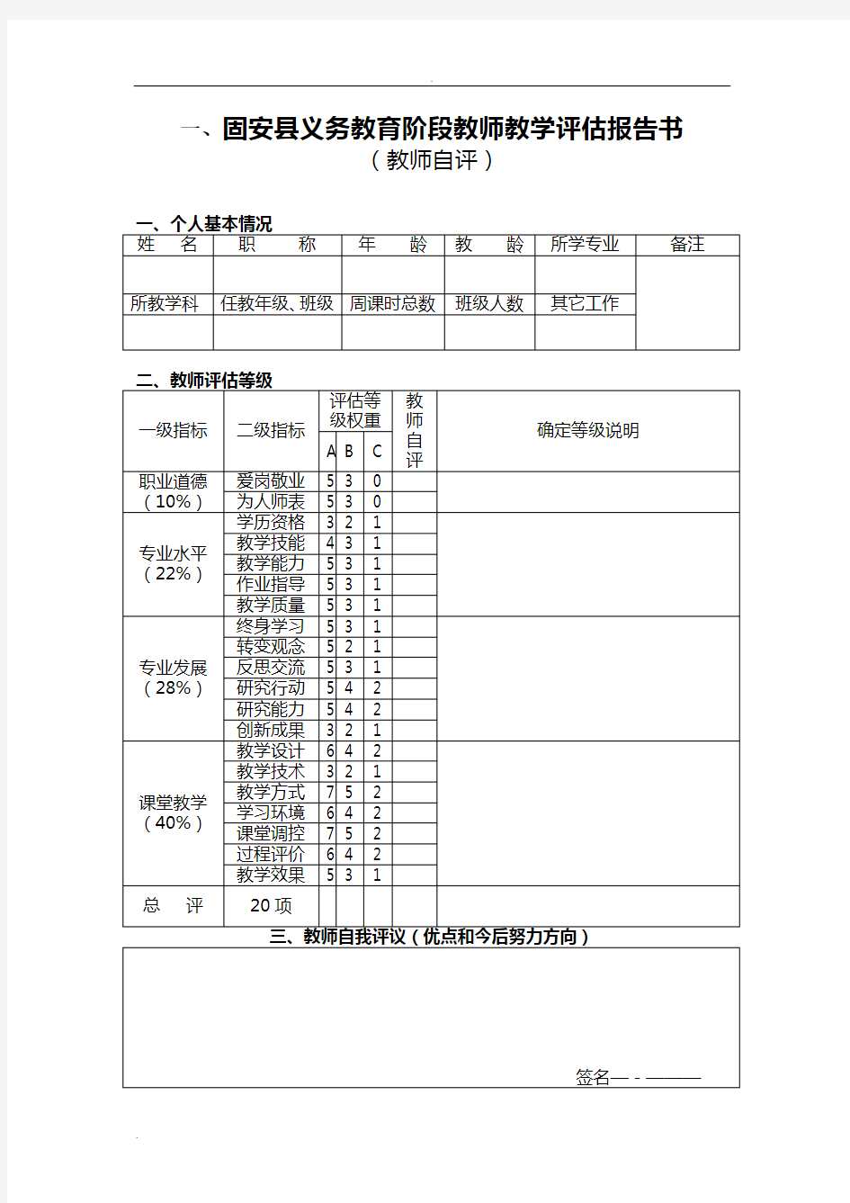 教师教学评估一览表