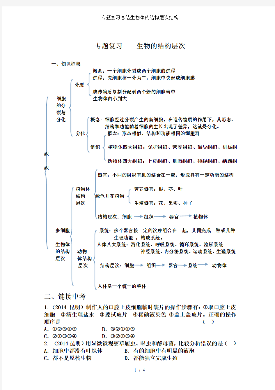 专题复习总结生物体的结构层次结构