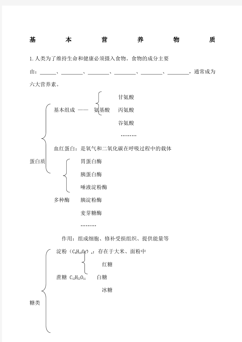 初三化学基本营养物质知识点+练习题