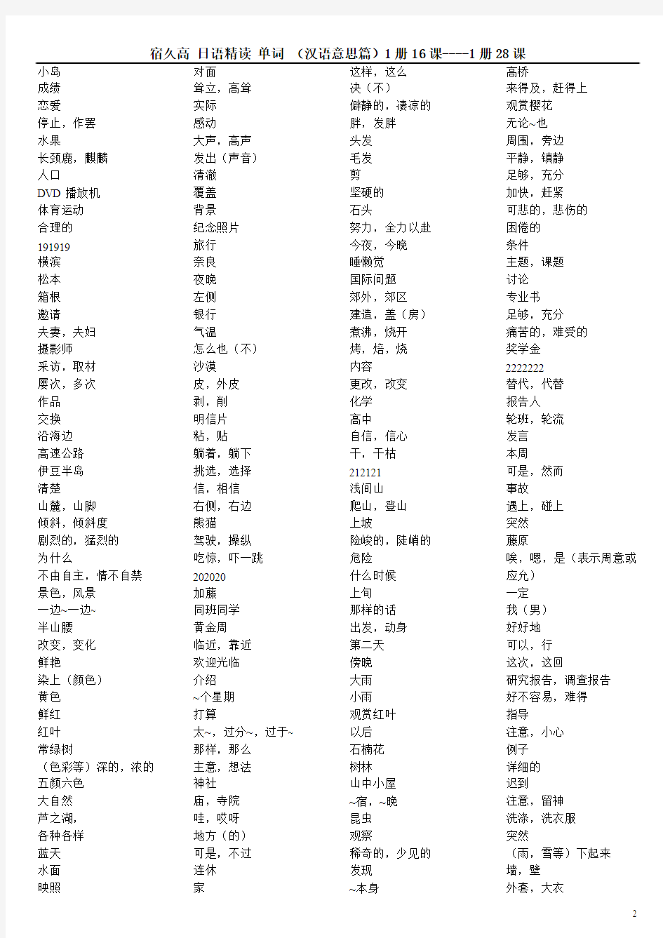 宿久高 日语精读 单词 (汉语意思篇)1册16课----1册28课