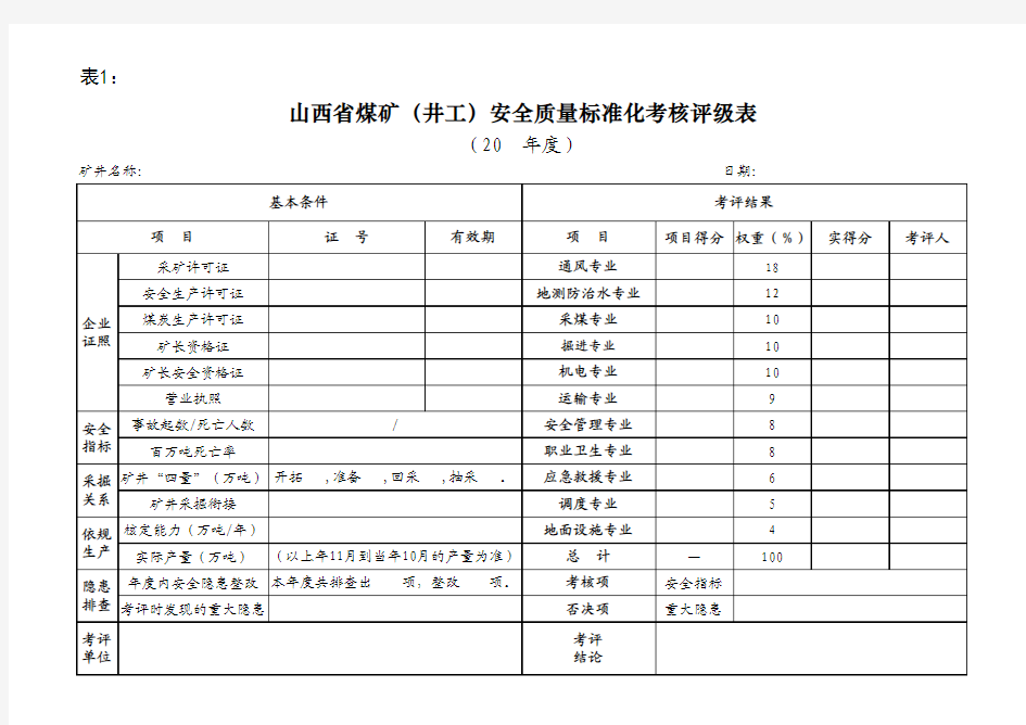 山西省2013煤矿安全质量标准化井工煤矿考核评级表