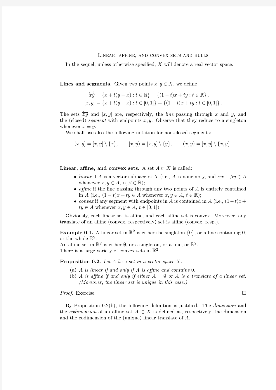 线性、仿射、凸性集合的性质及相关重要定理