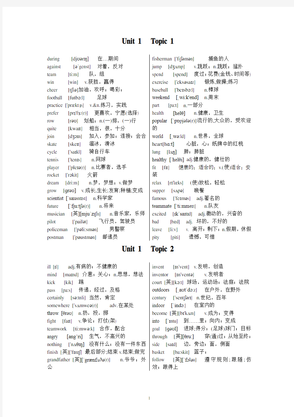 仁爱版英语八年级上册单词表(带音标可直接打印)一