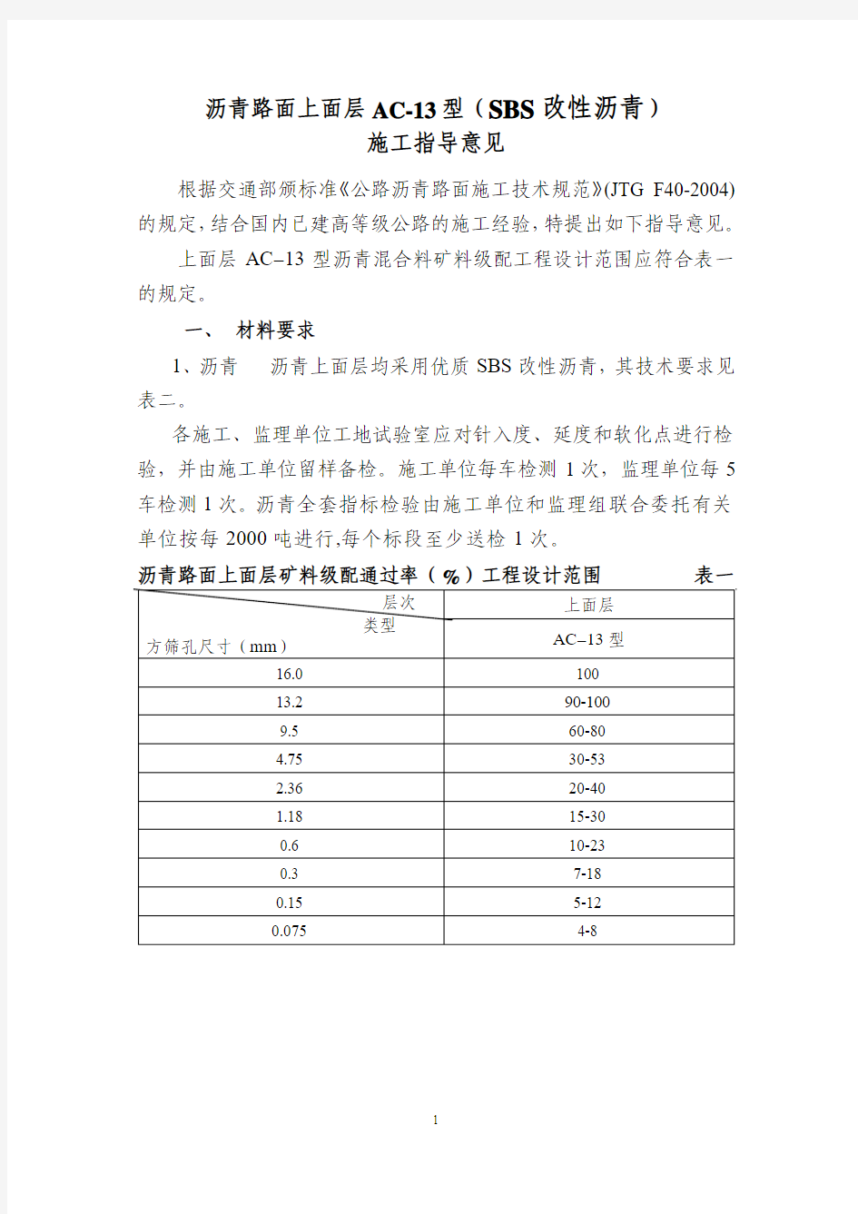 上面层AC13指导意见(SBS改性沥青)