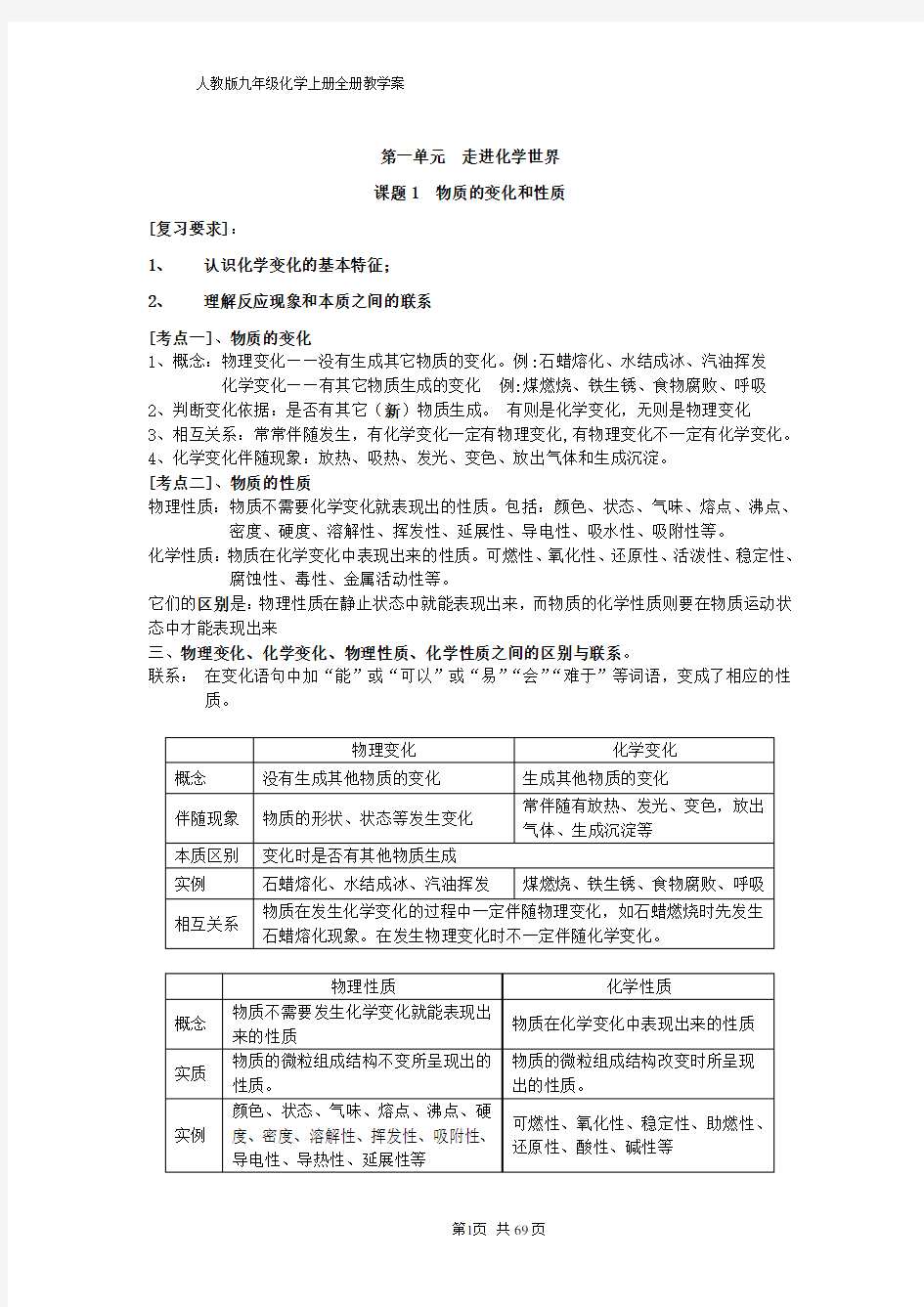 人教版新课标,2011九年级化学上册全册复习教学案