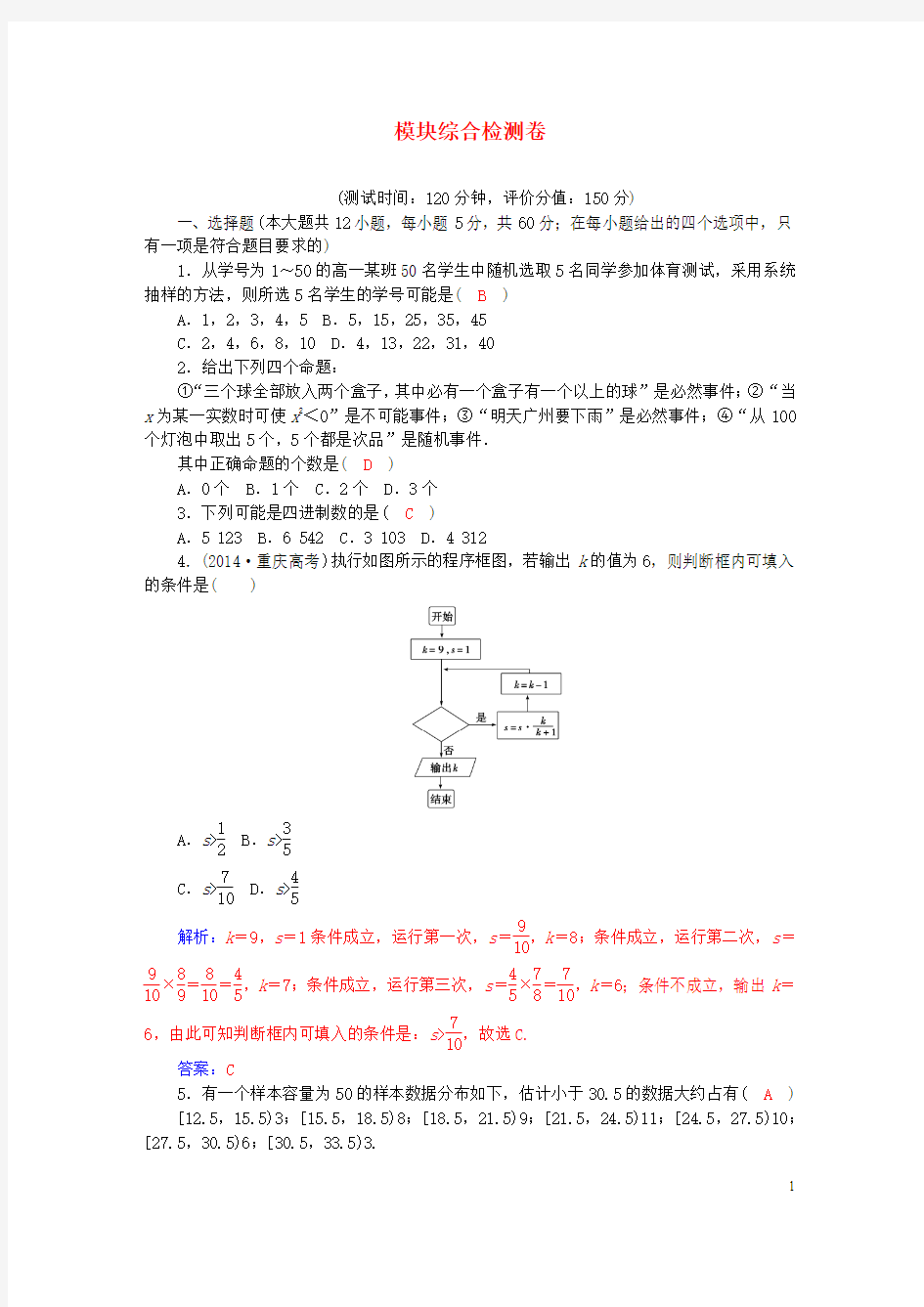 2015-2016学年高中数学 模块综合测试卷 新人教A版必修3