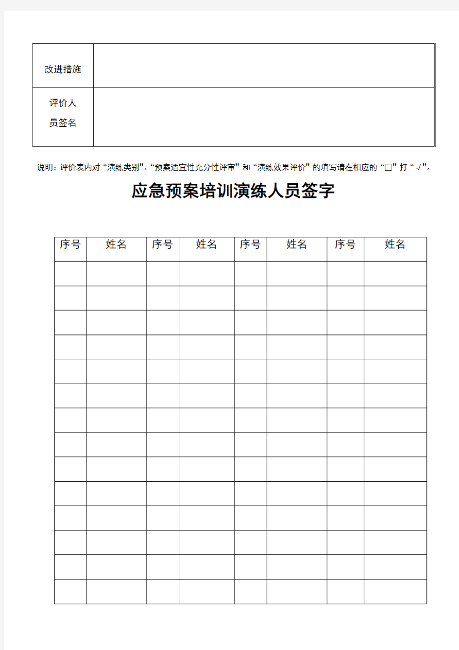 应急预案培训演练记录评价表