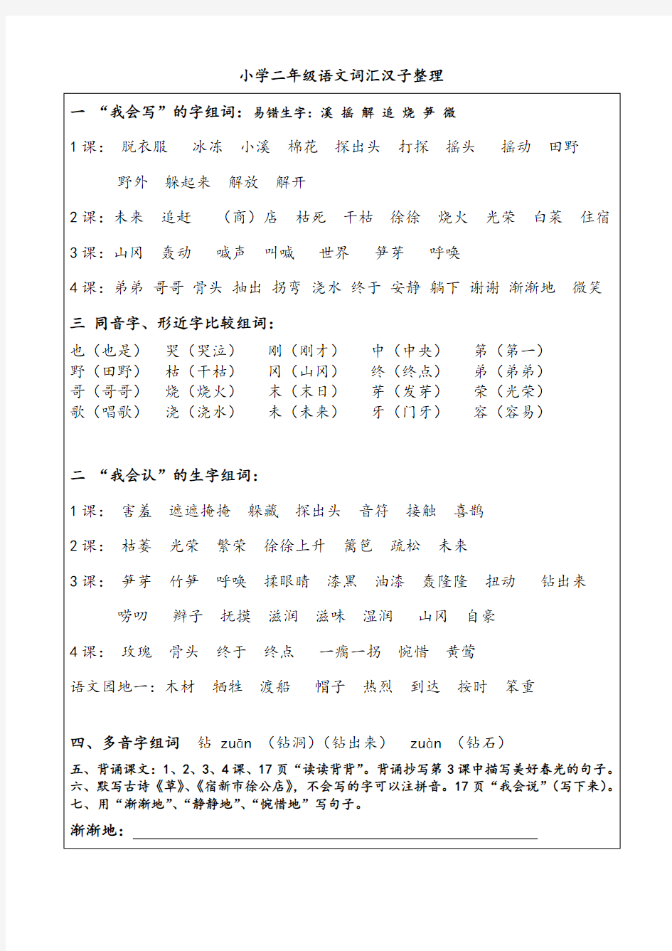 小学二年级语文词汇汉子整理