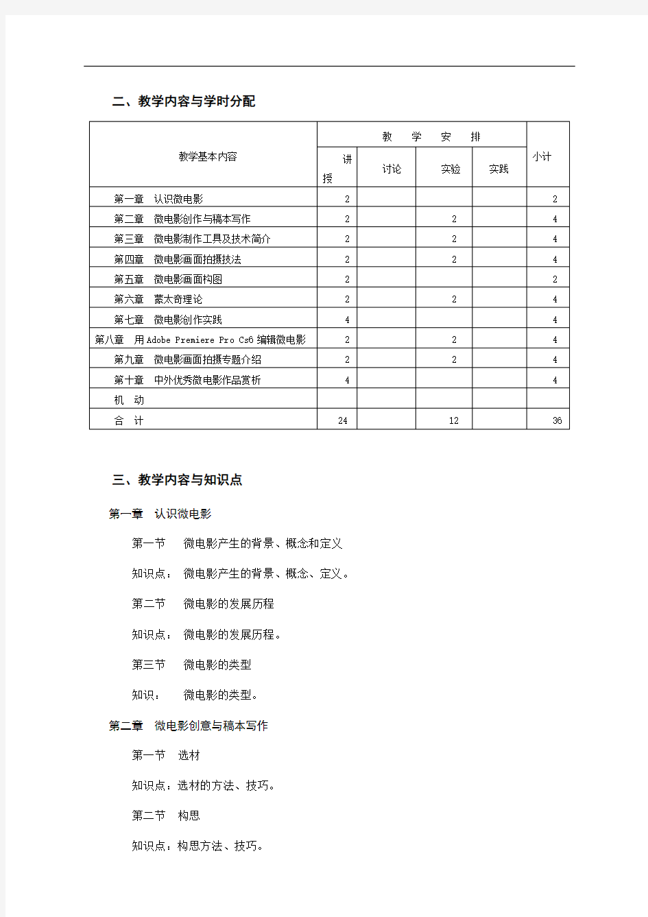 微电影创作教学大纲